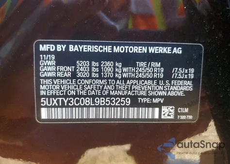 2020 BMW X3 Sdrive30I z USA, uszkodzony, nr VIN 5UXTY3C08L9B53259